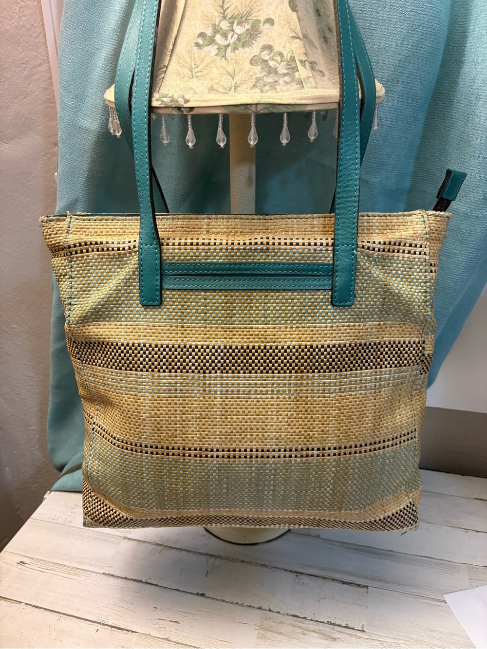 Patricia Nash Viana Fine Straw Aqua Blue Multicolor Tote Bag